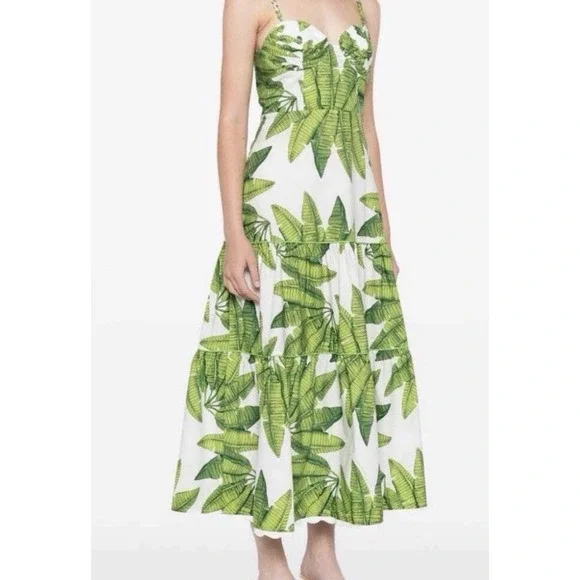 New‎ FARM RIO Off-White Palm Fan Midi Dress Size Large Cotton Sundress - Picture 2 of 13